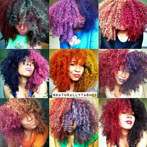 Colorful curls Multi Colored Curly Hair, Bright Dyed Curly Hair, Curly Vivid Hair, Curly Multicolored Hair, Hair Color Black Women, Rainbow Hair Curly Natural, Hair Color Natural, Ideas For Hair Color, Colored Locs