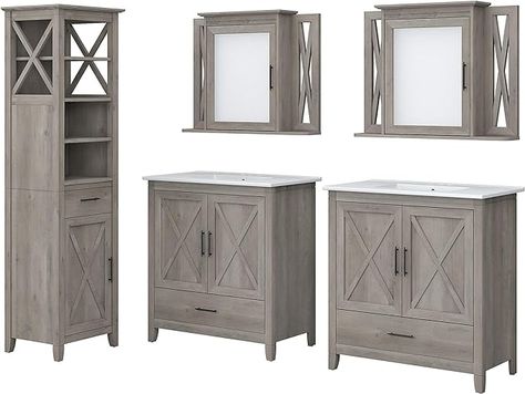 Amazon.com: Bush Furniture Key West Bathroom Double Vanity Set with Sinks, Medicine Cabinets and Linen Tower, 64W, Driftwood Gray : Everything Else Bathroom Double Vanity, Organizing Toiletries, Authentic Farmhouse, Tall Bathroom Storage Cabinet, Tall Bathroom Storage, Curio Cabinet Decor, Drop In Bathroom Sinks, Bean Bag Living Room, Vanity Cabinets