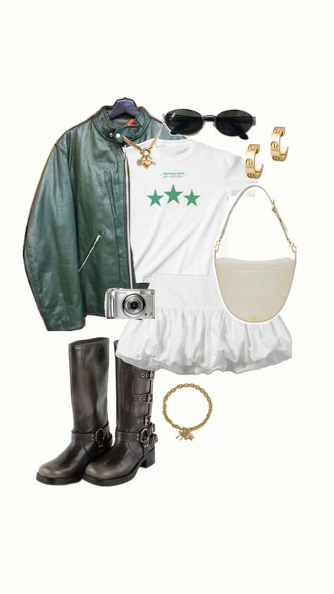 White Michigan state baby tee with green star graphic, green leather jacket, white ruffle mini skirt, gold hoops, gold charm necklace, digital camera, black vintage sunglasses and black and brown leather buckle boots Msu Tailgate Outfit, Msu Tailgate, College Outfit Inspiration, Trendy Outfits Inspiration, Tailgate Outfit, College Outfit, Gameday Outfit, Buckle Boots, Michigan State