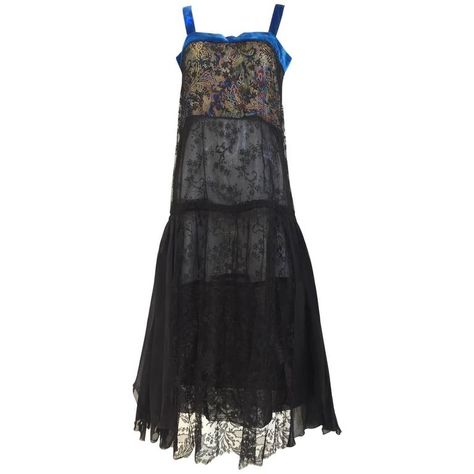 1920s Black lace dress with blue velvet strap 20s Inspired Dress, 1920s Evening Gowns, Dresses 20s, Twenties Dress, Edwardian Gowns, 20s Dress, Layered Chiffon Dress, Beaded Flapper Dress, 20s Dresses