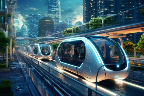 Modern unmanned subway car on the street of a future green city. A futuristic city with electric public transportation systems royalty free stock ph Futuristic Public Transport, Future Green City, Robot People, Subway Car, Future Transportation, Green City, Public Transportation, Futuristic City, Public Transport