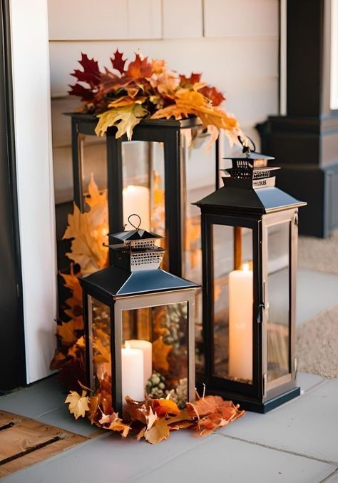 Fall Decor Top Of Fridge, Fall Decor Ideas Entertainment Center, Fall Porch Light Decorations, Fall Decor With Lanterns, Fall Decor House, Fall Fireplace Decor Ideas, Fall Home Decor Porch, Fall Porch Decorating Ideas Front Doors, September Decorating Ideas