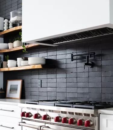 Brick Bathroom, Color Spotlight, Black Backsplash, Bold Kitchen, Brick Kitchen, Brick Backsplash, Fireclay Tile, Brick And Wood, Backsplash Designs