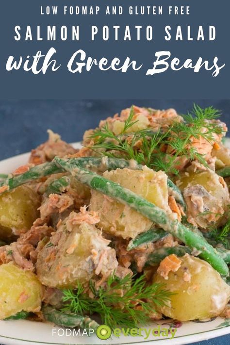 Our Low FODMAP Salmon Potato Salad with Green Beans takes inspiration from classic Salade Nicoise. #glutenfree #lunch #lowfodmapdiet#fodmap #lowfodmap #fodmapeveryday #ibs #ibsdiet #cleaneating #fodmapsafe Low Fodmap Salmon, Fodmap Salmon, Potato Salad With Green Beans, Canned Salmon Salad, Smoked Trout Salad, Fodmap Lunch, Gluten Free Salmon, Canned Salmon Recipes, Cooked Salmon