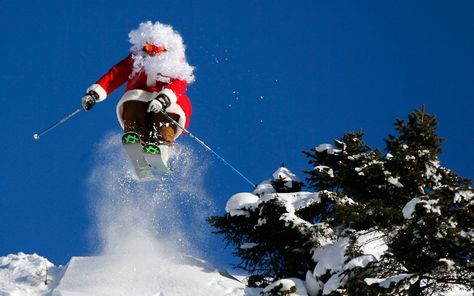 Dressed in a Santa Claus costume, ski teacher Alberto Ronchi jumps at Madonna di Campiglio in northern Italy, pic: Reuters/ Stefano Rellandini Andorra Ski, Skiing Christmas, Santa Claus Costume, Ski Holidays, Christmas Costume, Merry Christmas To All, Snow Scenes, Very Merry Christmas, Skis