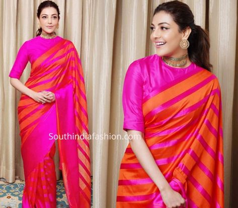 Official Saree, Raw Mango Sarees, Striped Saree, Blue Sarees, Satin Sarees, Indian Maternity, Emerald Choker, Round Boat, Celebrity Style Dresses