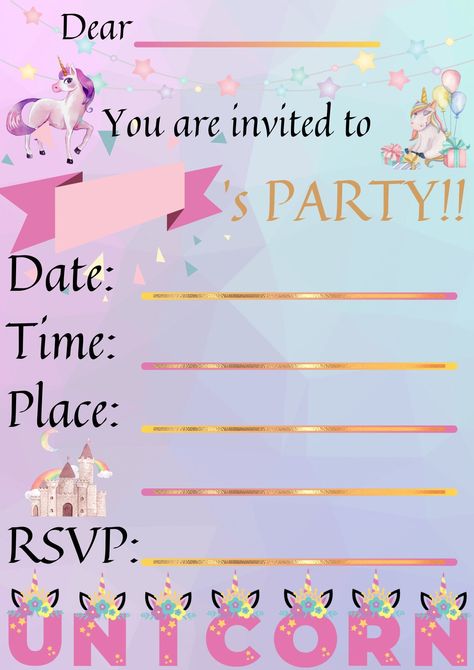 Unicorn Party Invitations, Pink Banner, Unicorn Party Invites, Girls Party Invitations, Baby Art Projects, Unicorn Invitations, Matching Gifts, Personalized Invitations, Baby Art