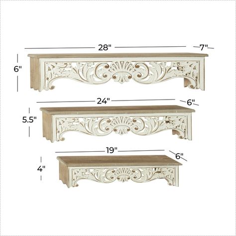 DecMode 19", 24", 28"W Carved 3-Tier Brown Floral Wall Shelf (3 Count) - Walmart.com Shelf With Brackets, Ornate Kitchen, Vintage Wall Shelf, Industrial Wall Shelves, Wall Mounted Shelf, Country Vibes, Decorative Shelving, Vintage Shelf, Wooden Wall Shelves