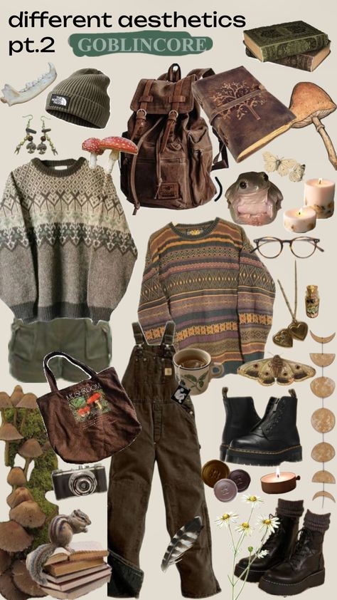 #partwo #goblincore #gremlincore #aesthetic #findyouraesthetic Gremlincore Aesthetic, Gremlincore Outfits, Forestcore Outfit, Goblincore Aesthetic Outfits, Goblincore Outfits, Goblincore Fashion, Dark Academia Outfits, Cottagecore Outfits, Earthy Outfits