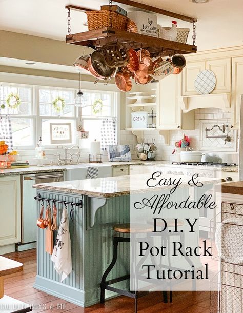 Golden Boys & Me: 2019 Pot Rack Ideas, Kitchen Island Pot Rack, Diy Pot Rack, Rustic Pot Racks, Pot Rack Kitchen, Rustic Pots, Kitchen Island Ikea Hack, Pot Rack Hanging, Wrought Iron Decor