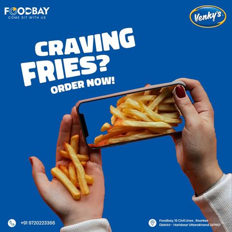 Indulge in crispy perfection with Venky's Potato Fries at FoodBay - where every bite is a tantalizing symphony of flavor and crunch. Elevate your snacking experience to a whole new level! call us: +919720223366 Reach Us: Food Bay 19, Haridwar Rd, Civil Lines, Roorkee, Uttarakhand 247667 #foodie #foodlove #chickenfried #burgrill #Zomato #foodislife #chickendish #burgertime #burgerlove #FoodOffers #tastebuds #FoodieDeals #FoodieDestination #iitroorkee #iit #foodbay #roorkee #newyear #food #... Food Delivery Aesthetic, Snack Potato, Us Food, Food Burger, Ad Ideas, Food Post, Ads Creative Advertising Ideas, Food Ad, Social Media Advertising Design