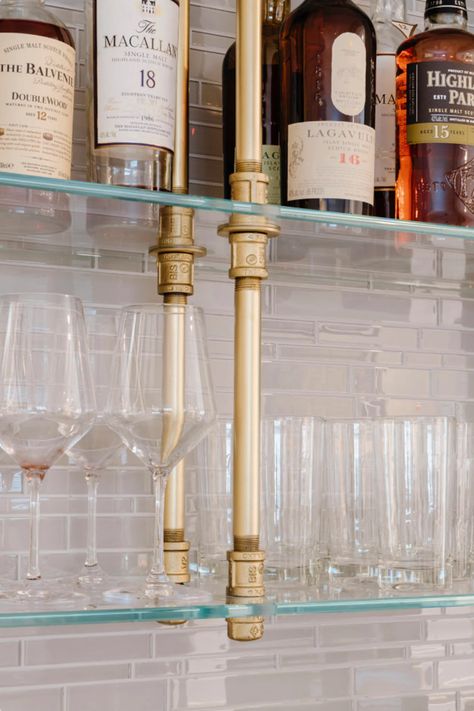 Ceiling-mounted French Bistro Shelves for Bar or Kitchen - Etsy Glass Shelving Bar, Bistro Glass Shelves, Floating Glass Bar Shelves, Floating Glass Shelves Bar, Ceiling Mounted Bistro Shelves, Bar Shelves Modern, French Bar Shelves, French Bistro Shelves Bar, Kitchen Shelves Backsplash