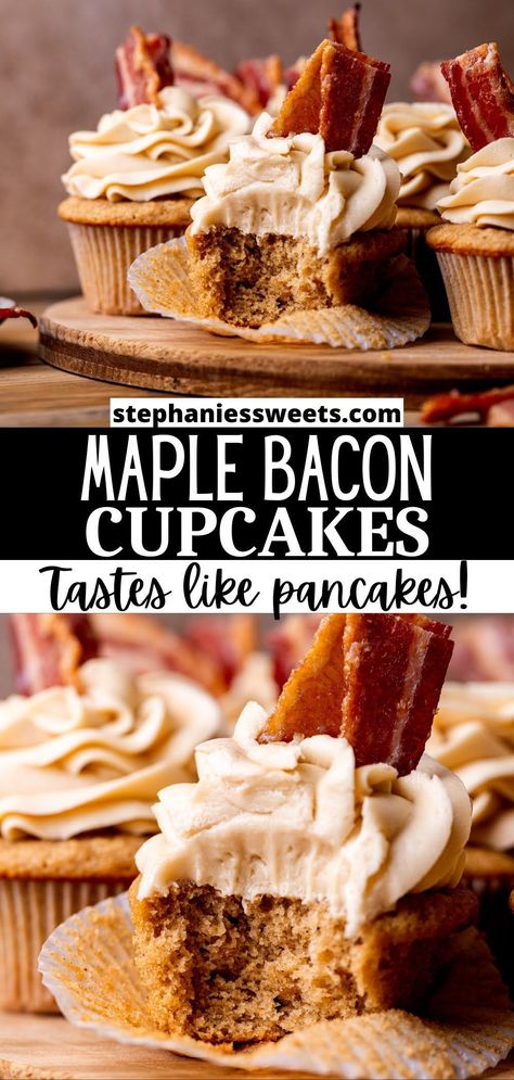 Maple Pancake Cupcakes, Maple Bacon Pancake Cupcakes, Maple Bacon Cake Pops, Maple Bacon Cupcakes Cake Mix Recipe, September Cupcakes Ideas, Maple Bacon Desserts, Maple Bacon Cake Recipe, Manly Snacks, Candied Bacon Cupcakes