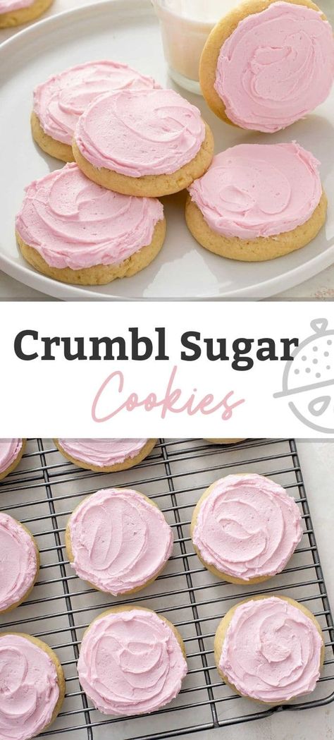 This copycat Crumbl Sugar cookie recipe is made with a soft and buttery sugar cookie base topped with the absolute best pink almond frosting. These amazing soft cookies are just like the chilled sugar cookies sold at Crumbl cookies! #cookies #baking #crumbl #recipe #pink #lemonblossoms #copycat Pink Snickerdoodle Cookies, Cookie Recipes Crumbl Copycat, Cooking With Karli Copycat Crumbl Chilled Sugar Cookies, Pink Frosting Cookies, Crumbl Cookies Pink Sugar, Best Cookie Frosting Recipe, Soft Sugar Cookies With Frosting, Cookie With Frosting Recipes, Crumble Pink Sugar Cookie Recipe