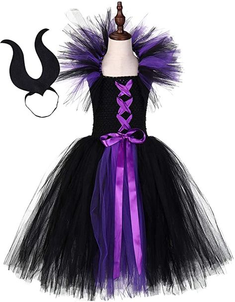 Maleficent Costume Kids, Purple Tulle Dress, Witch Tutu, Horns Headband, Handmade Halloween Costumes, Vampire Halloween Costume, Vampire Witch, Maleficent Costume, Costume For Girls