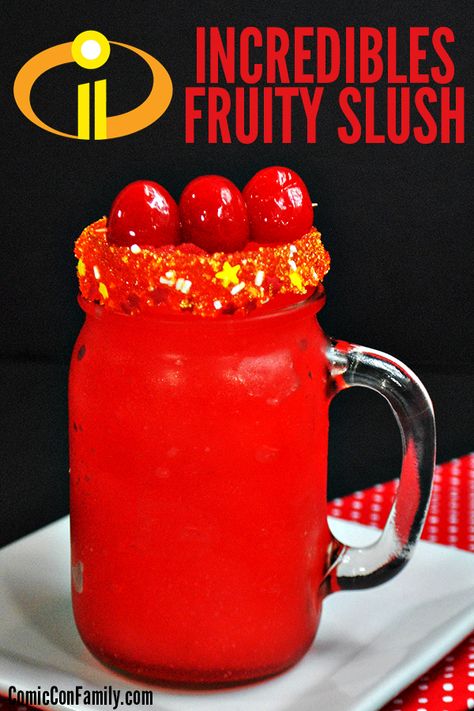 If your a Disney/Pixar’s Incredibles fan, then you’re going to love this Incredibles Fruity Slush Recipe! This frozen drink only needs 5 ingredients and is super simple to make for hot summer days, Incredibles birthday party, or movie nights! #disney #pixar #incredibles2 The Incredibles Food Ideas, Incredibles Movie Night Food, Incredibles Birthday Party Food, The Incredibles Movie Night, The Incredibles Dinner And A Movie, Incredibles Dinner And A Movie, Movie Night Cocktails, Movie Themed Recipes, Movie Themed Drinks