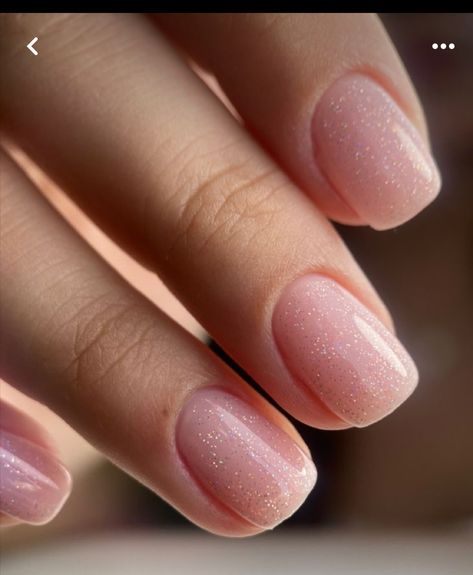 Clear Pink Manicure, Glitter Nails Subtle, Short Oval Nails Sparkle, Sheer Pink Nails With Glitter, Short Pink Shimmer Nails, Soft Sparkle Nails, Short Square Nails Inspiration, Short Sparkly Nails Simple, Natural Pink Sparkle Nails