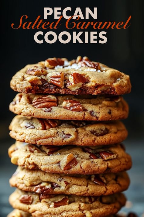 A tall stack of pecan salted caramel cookies, golden brown with large pecan pieces embedded on top. The cookies have a chewy texture with melted caramel peeking through, topped with a sprinkle of sea salt. Salted Caramel Pecan Chocolate Chip Cookies, Sweet And Salty Cookies, Bakeoff Ideas, Salted Chocolate Chip Cookies Recipes, Homestead Baking, Business Cookies, Pecan Pie Cookies Recipe, Caramel Pecan Cookies, Salty Cookies