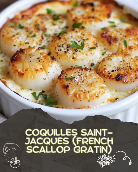 Yummy Food | Coquilles Saint-Jacques (French Scallop Gratin) | Facebook Scallop St Jacques, French Scallop Recipes, Recipes With Scallops, Coquilles St Jacques Recipe, Scallops Au Gratin, Scallop Gratin, Luscious Recipes, Scallops Recipe, Coquille Saint Jacques