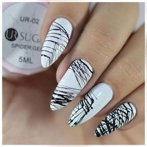 Spider Gel Nail Art, Spider Gel, American Nails, Christmas Manicure, White Nail Art, Black Nail, Halloween Nail Art, Coffin Nails Designs, Nail Art Summer