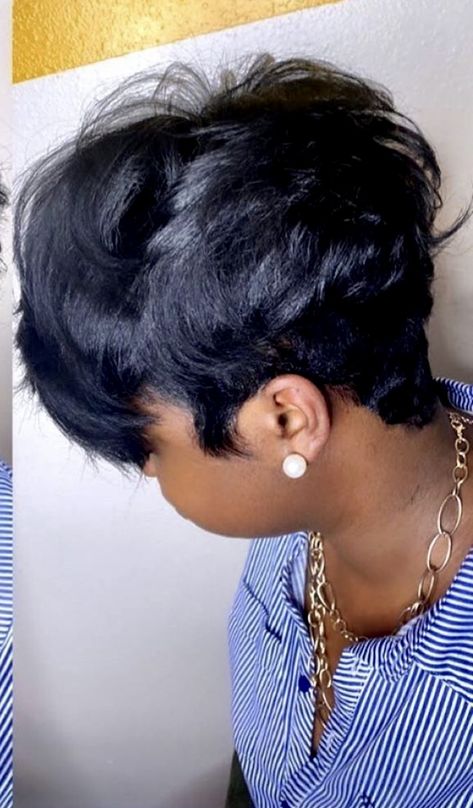 Hairstyles For No Edges Black Women, Hairstyles For No Edges, Kelly Cut Hairstyle Black Women, Edges Black Women, Blue Pixie Haircut Black Women, Shirt Haircuts, Cute Short Pixie Quickweave Black Women, Jet Black Pixie Haircut Black Women, Relaxing Hair