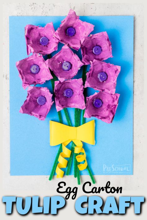 Make a beautiful spring tulip craft while recycling an old egg cartoon in this fun flower craft for kids. This tulip craft for kids is fun for all ages from preschool, pre-k, kindergarten, first grade, 2nd grade, 3rd grade, and up.  This is such a fun tulip craft idea to make a pretty bouquet of tulips for a mother's day craft or simply a flower craft for a spring craft for kids or flower theme. Flower Crafts Preschool, Mason Jar Lids Crafts, Flower Science, Jar Lid Crafts, Plant Experiments, Grow Your Own Crystals, Spring Flower Crafts, Spring Flower Art, Poppy Craft