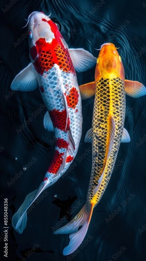 Two koi fish swimming together, their colors shining brightly against the dark blue ripples creating a peaceful atmosphere Stock Photo | Adobe Stock Koi Fish Photo, Two Koi Fish, Koi Dragon Tattoo, Fish Ponds Backyard, Cool Sea Creatures, Koi Fish Colors, Koi Fish Swimming, Koi Dragon, Coy Fish