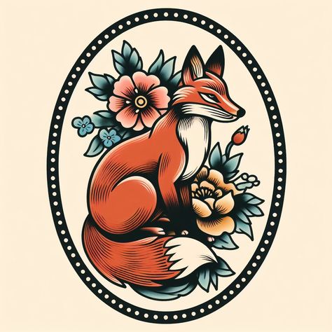 Traditional Fox Tattoo Old School, Old School Fox Tattoo, Neotraditional Hummingbird Tattoo, Traditional American Tattoo Art, American Traditional Fox Tattoo, Framed Traditional Tattoo, Old School Animal Tattoo, Oval Tattoo, Traditional Fox Tattoo