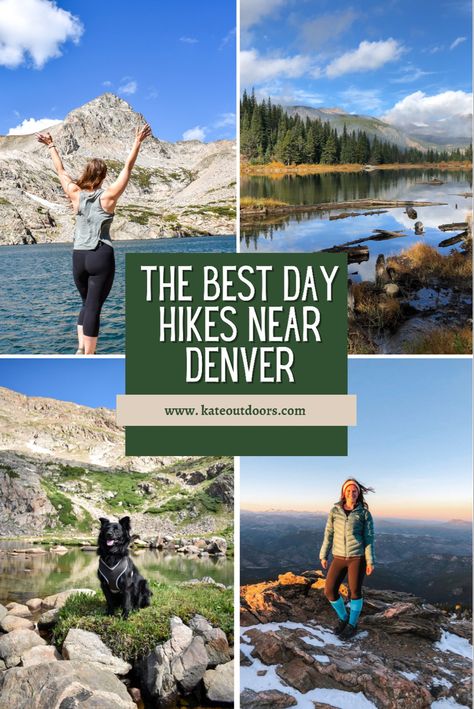 Photo collage of the most scenic hikes near Denver, Colorado featuring mountains, blue alpine lakes, a sunset summit, and hiking dogs. Denver Colorado Hiking, Denver Hiking, Hikes Near Denver, Colorado Hiking Trails, Idaho Springs Colorado, Hiking Usa, Denver Travel, Idaho Springs, Visit Colorado