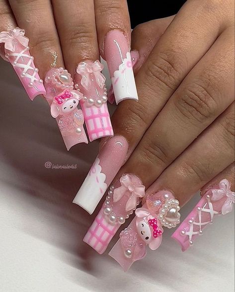 My Melody Nails, 17 Birthday, Junk Nails, Cute Pink Nails, Birthday Inspo, Girly Acrylic Nails, Hello Kitty Nails, Pretty Gel Nails, Really Cute Nails