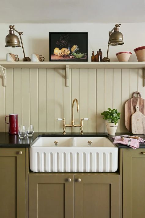 A London Galley Kitchen Renovation That Called for Tongue-and-Groove Walls Silestone Worktop, Galley Kitchen Renovation, British Kitchen, Tongue And Groove Walls, Small Seating Area, Green Kitchen Cabinets, London Kitchen, Wood Accent Wall, Kitchen Splashback