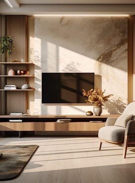 Japandi Tv Unit Design, Tv Wall Japandi, Japandi Style Tv Unit, Projector Cabinet, Floating Tv Console Japandi, Japandi Tv Console And Shelves, Tile Matching, Tv Unit Design Modern, Feature Wall Design