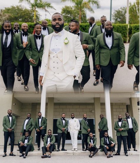 Olive Green Groomsmen Suits, Emerald Wedding Invitations, Groom Suit Black, Groomsmen Party, Wedding Groomsmen Attire, Olive Green Weddings, Bone Tattoo, Wedding Tux, Rose Gold Bridesmaid