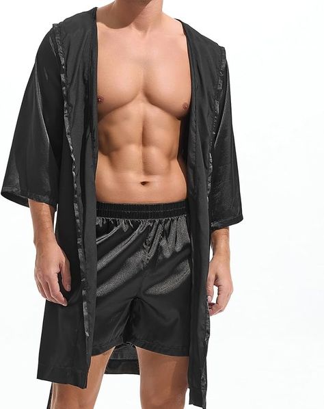 AMY COULEE Mens Silk Robe with Shorts 2 Pcs Satin Boxers Hooded Bathrobe Sexy Pajama Set Half sleeve Sleepwear (M, Black) at Amazon Men’s Clothing store Bathrobe For Men, Mens Silk Robe, Satin Bathrobe, Pyjamas For Men, Groove Cruise, Hooded Bathrobe, Men Sleepwear, Satin Dressing Gown, Satin Pyjama