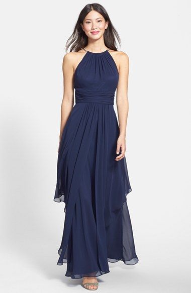 Eliza J Chiffon Halter Gown Navy Gown, Classy Prom, Brand Personality, Mother Of Groom Dresses, Halter Gown, Mob Dresses, Eliza J Dresses, Chiffon Gown, Eliza J