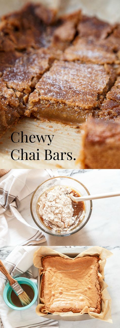 Chewy Chai Bars, Chai Cheesecake Bars, Comfort Desserts Easy, Cardamom Buttercream, Chai Brownies, Chai Bars, Chai Blondies, Spice Bars, Gooey Desserts