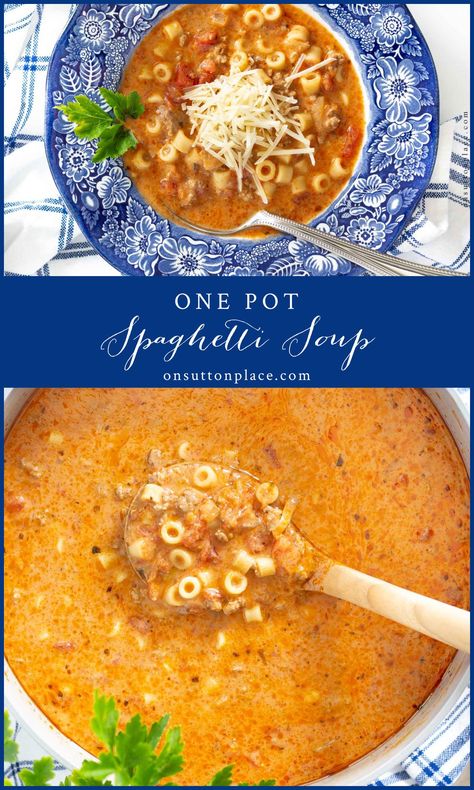 This easy-to-follow spaghetti soup recipe shows you how to create a hearty meal with easy ingredients. It's a one pot dish that feeds a crowd, and it's delicious the next day. Spaghetti Soup Recipes, Spaghetti Soup, Tiny Pasta, One Pot Spaghetti, Pasta Varieties, Ham And Bean Soup, Italian Soup, Easy Eat, Hearty Meal