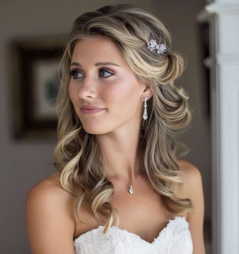 Top 25 Wedding Hairstyles Every Bride Needs to See in 2024 One Side Up Bridal Hair, Side Swoop Wedding Hairstyles, Wedding Hair Down With Clip On Side, Side Sweep Wedding Hair, One Side Pinned Back Hair Wedding, Hair Pinned Back, Wedding Curls, Bridal Hair Down, Wedding Hair Up