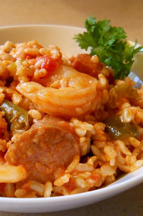 Baked Jambalaya, Bake Shrimp, Jambalaya Recipe, Green Bell Pepper, Cajun Shrimp, Creole Seasoning, Andouille Sausage, Cajun Recipes, Red Sauce