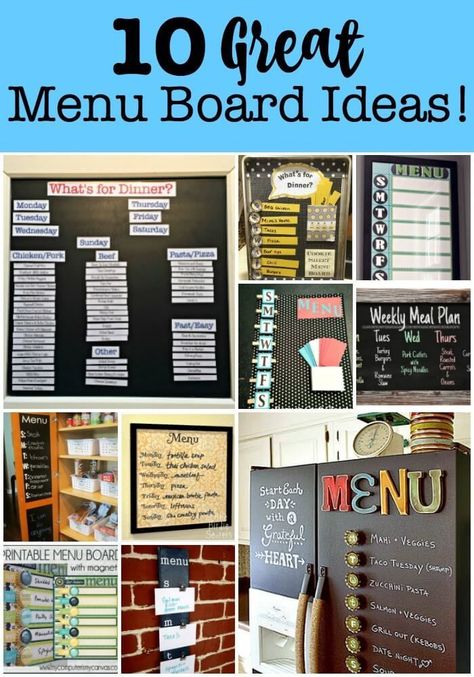 One of the best ways to get yourself into the habit of weekly meal planning is to hang a menu board in your kitchen. So to inspire you to get organized with your menu planning- here are 10 great menu board ideas! I hope that you find one that will work for you! Menu Board Ideas, Meal Planner Board, Menu Planning Board, Chalkboard Menu Board, Menu Board Diy, Weekly Menu Boards, Meal Planning Board, Weekly Meal Planning, Diy Menu