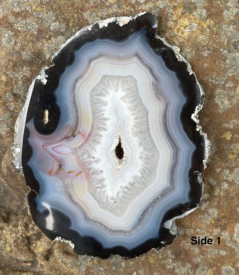 Large Natural Polished Black Agate Slice with Druzy Center. This would make a beautiful display piece. Measures: Length: 103mm Width: 80mm Depth: 5mm Geode Rug, Gabriel Tattoo, Natural Print, Agate Rocks, Agate Slices, Geode Slice, Rare Stone, Crystal Geode, Random Ideas