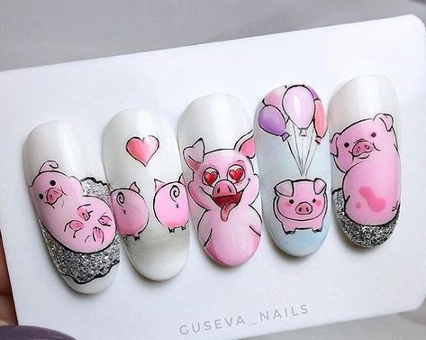 Pig Nail Art, Pig Nails, Nail Noel, Animal Nail Designs, Unghie Nail Art, Animal Nail Art, Gel Nail Art Designs, Nail Art Disney, Winter Ideas