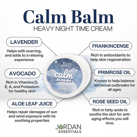 Calm Balm is a go-to for winter skin and deep night-time moisturizing.❄️ Along with healthy, nourishing oils like avocado, rose seed and primrose, Calm Balm features two amazing essential oils!🌿 Frankincense and Lavender are both widely and historically used and100% pure and ethically sourced. 🛌They are beneficial for relaxation and a peaceful night's sleep. Peaceful sleep refreshes and gives you a bright look each morning...so you can say goodbye to dark circles under the eyes too! Avocado Rose, Natural Deodorant That Works, Dark Circles Under The Eyes, Jordan Essentials, Peaceful Sleep, Primrose Oil, Aloe Leaf, Fun Friends, Winter Skin