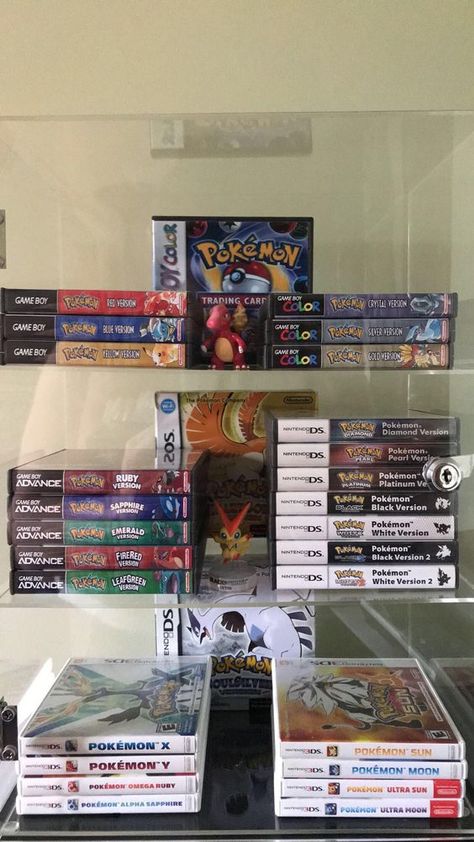 The Gangs All Here: My Pokémon Video Game Collection! Retro Game Collection, Gaming Collection Display, Video Game Nerd Aesthetic, Pokémon Game Room, Pokemon Collection Room, Pokemon Game Room, Pokemon Room Aesthetic, Pokemon Collection Display, Pokémon Display