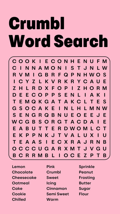 The perfect Crumbl-themed word search to do with your kids! Grab a box of cookies and surprise your kids with this fun worksheet to do while you treat yourselves! 🍪 Crumble Cookie Logo Decal Bloxburg, Bloxburg Crumbl Cookie, Crumbl Cookie Decal Code, Word Search Aesthetic, Bloxburg Crumbl Cookie Decals, Crumbl Aesthetic, Food Word Search, Box Of Cookies, All About Me Worksheet