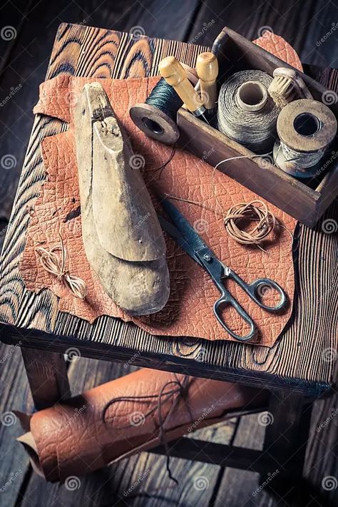 Vintage Shoemaker Workshop with Leather and Tools Stock Image - Image of repair, shoe: 112935939 Vintage Shoe, Shoe Making, Making Tools, Wooden Table, Vintage Shoes, Leather Tooling, Feng Shui, Framed Artwork, Stock Images