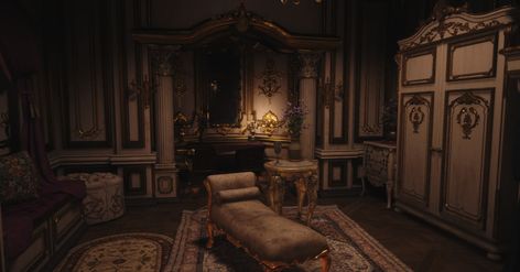 Fantasy Dressing Room, Lady Dimitrescu Castle, Ramshackle Dorm, Dimitrescu Family, Castle Dimitrescu, Vampire Castle, Goth Houses, Castle Rooms, Castle Bedroom