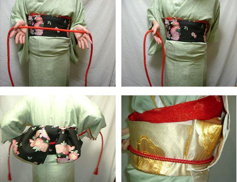 How to use an obijime  An obijime is a decorated sash in order to tie an obi firmly. It is very important, when you tie an obi by Taiko Musubi, because Taiko Musubi has no obi knot, and tied with only an obijime, an obimakura's sash, and an obiage.Hold an obijime by both hands, and bring it to the back of your body. When you tie Chyo Musubi, just put an obiage through under the obi knot. When you tie Taiko Musubi, put an obiage through inside the taiko part on your back, and tie over the fol... Sew Kimono, Obi Belt, Kimono Yukata, Fantasy Costumes, Japanese Culture, Ancient Egypt, Kimonos, Asian Fashion, Your Back