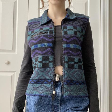 90s patterned zip up vest 🌀 ☀︎ cool winter vest to... - Depop Thrift Ideas, Zip Up Vest, Cool Winter, Winter Vest, Vest Pattern, Vest Outfits, Zip Up Sweater, How To Style, Men's Sweater