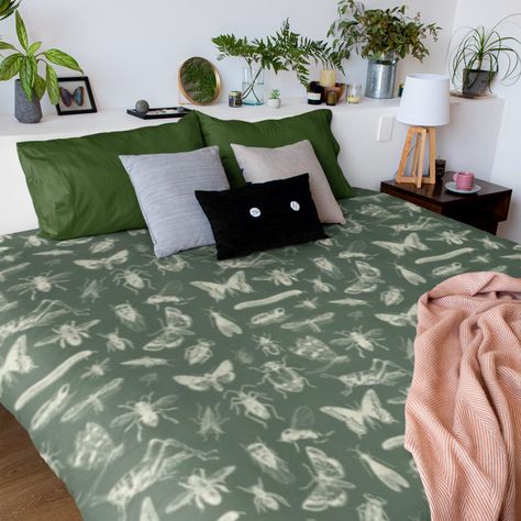 Insect Themed Bedroom, Naturalist Decor, Green Duvet Cover, Green Duvet, Green Duvet Covers, Watercolor Winter, Dark Hunter, Pattern Duvet Cover, Duvet Cover Pattern